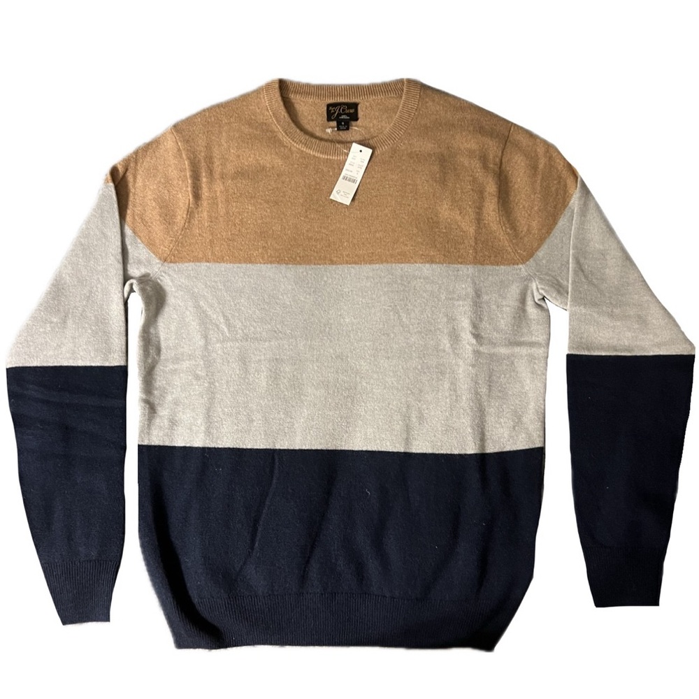 *NWT* J.Crew Colorblock 100% Cashmere Crew Sweater - Camel/Cream/Navy - Size S